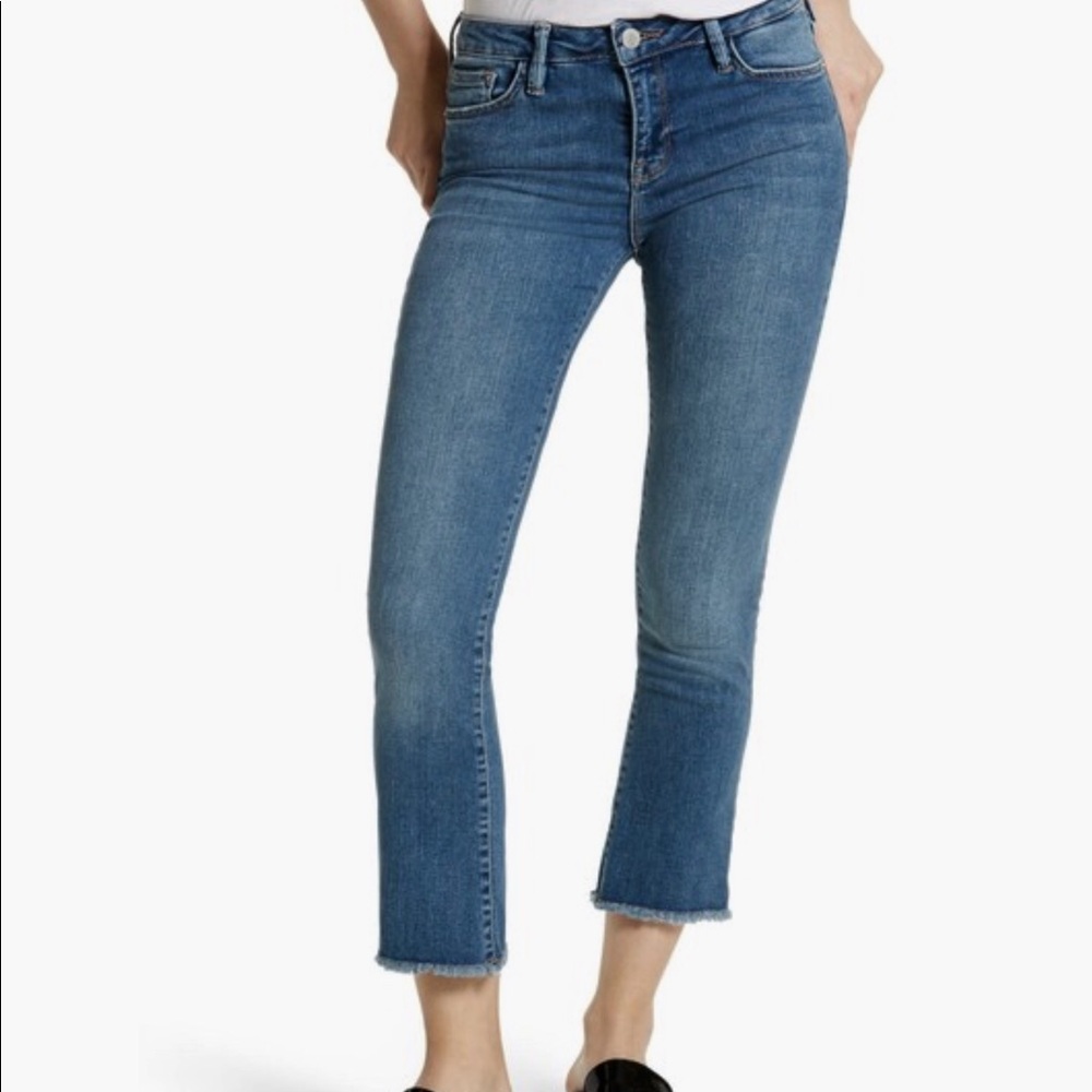 Free People Straight Ankle Jeans Medium Blue Wash Raw Hem Cropped Denim Size-25